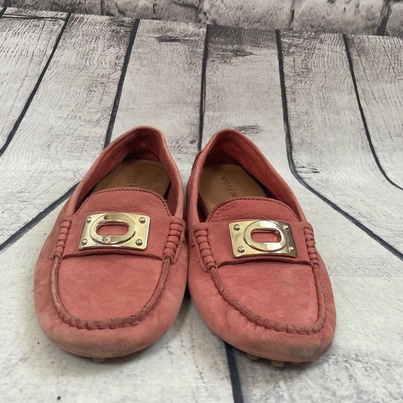 Coach Loafer Womens Size 6.5 Leather Neopoleon Flats Gold Metal Plate‎ Pink - Picture 2 of 10